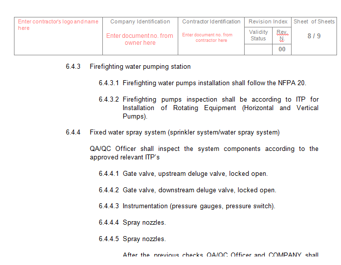 QCP for Firefighting Equipment Installation