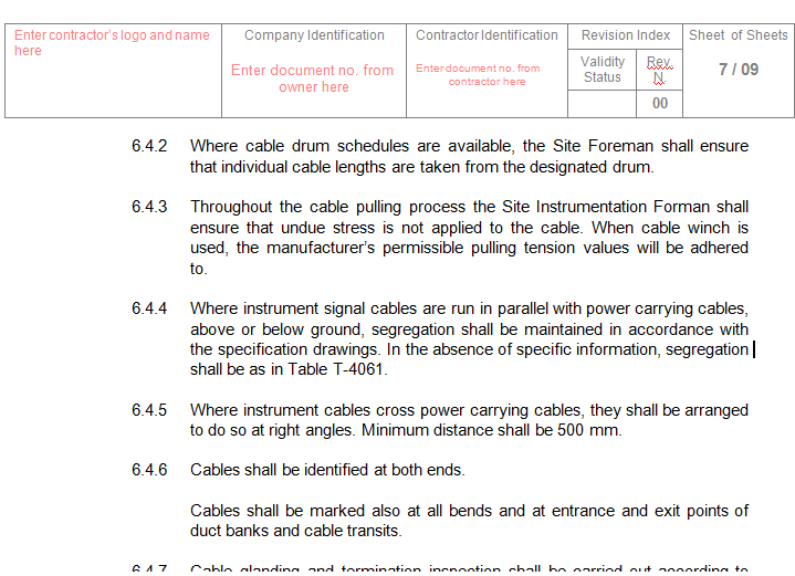 QCP for Instrument Cables Installation