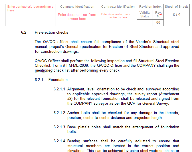 QCP for Structural Steel Erection