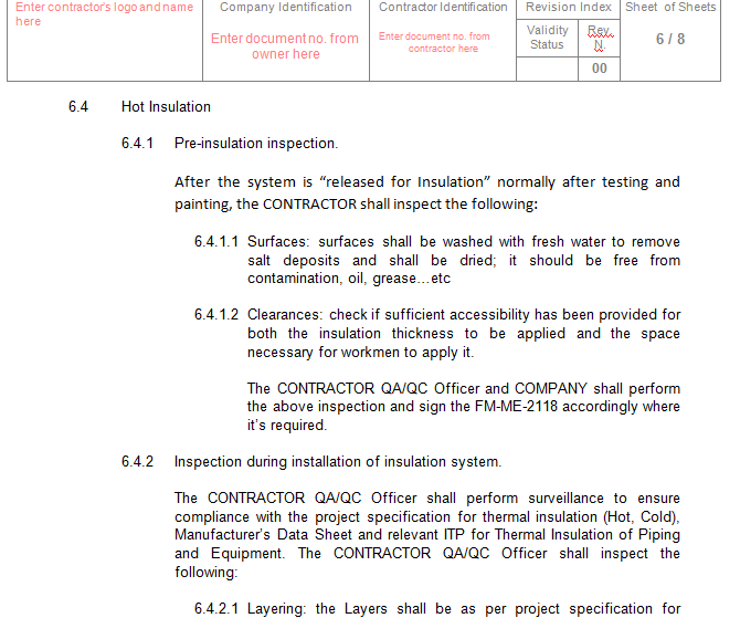 QCP for Thermal Insulation for Piping