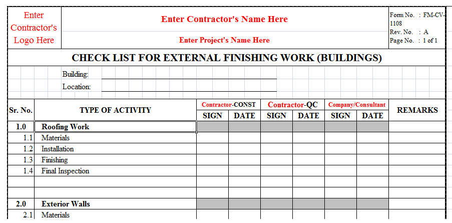 Quality Inspection Checklist for External Finishes