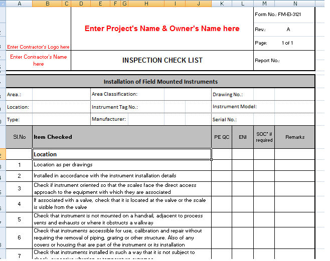 Quality Inspection Checklist for Field Mounted Instruments