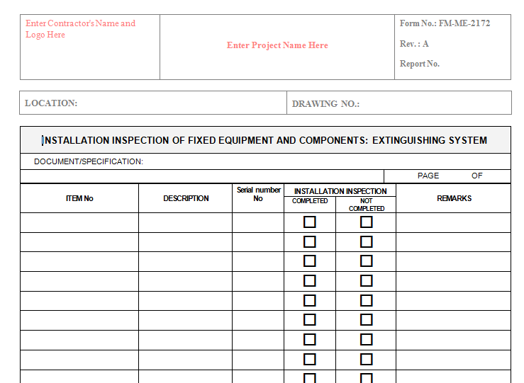 Quality Inspection Checklist for Firefighting Installation