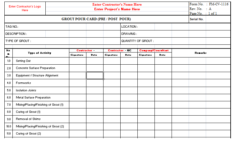 Quality Inspection Checklist for Grouting