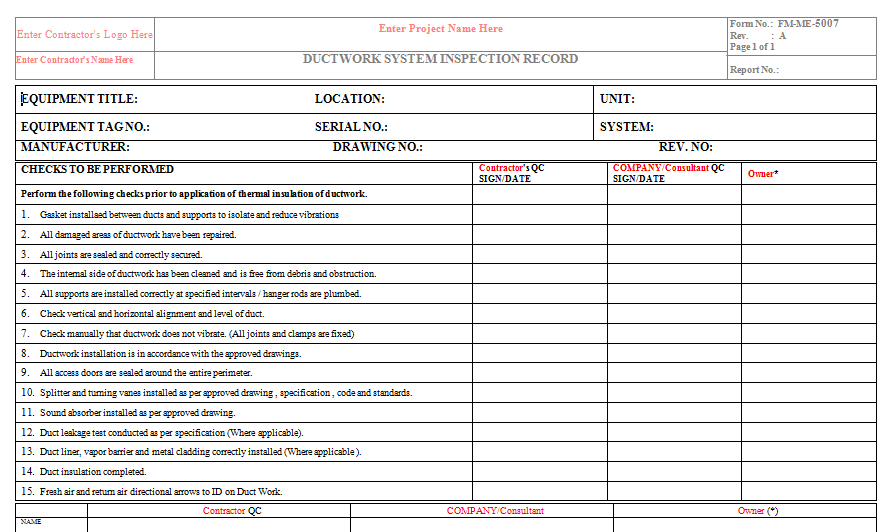 Quality Inspection Checklist for HVAC