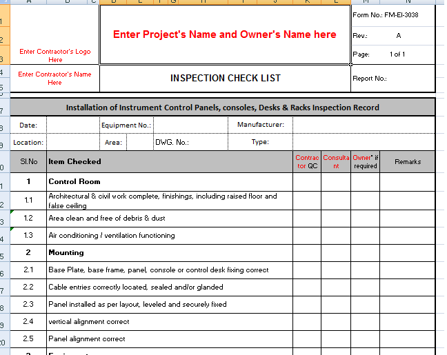 Quality Inspection Checklist for Instrument Control Panels