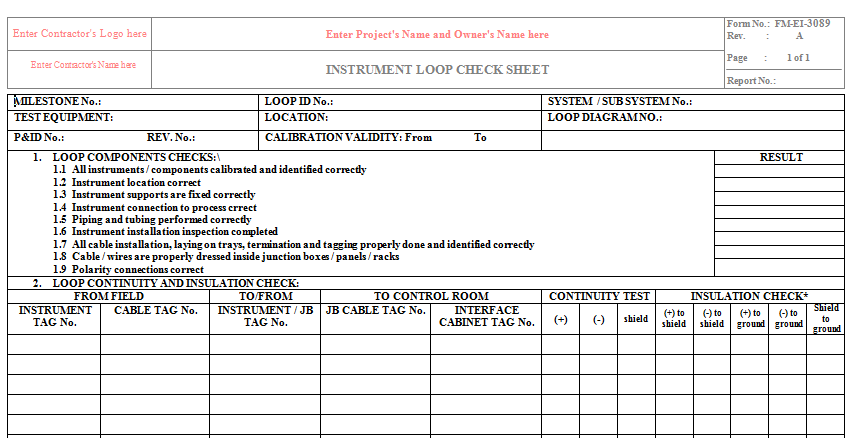 Quality Inspection Checklist for Instrument Loop Checks