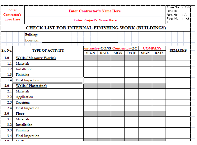 Quality Inspection Checklist for Internal Finishes