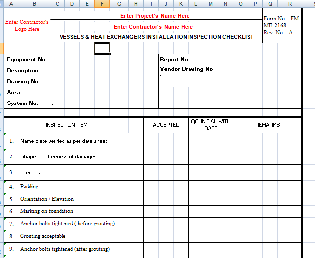 Quality Inspection Checklist for Pressure Vessels & Exchangers