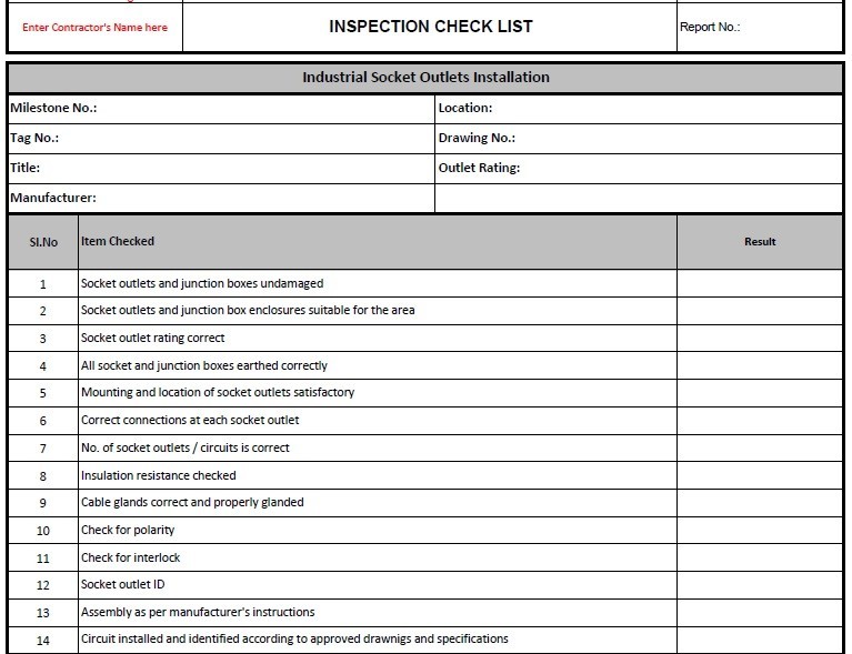 Checklist For Electrical Inspection